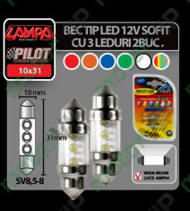 Bec tip LED 12V sofit cu 3 leduri 10x31 mm SV8,5-8 2buc foto