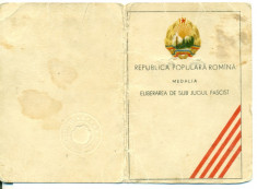 Brevet Medalia Eliberarea de sub jugul fascist RPR Legitimatie medalie foto
