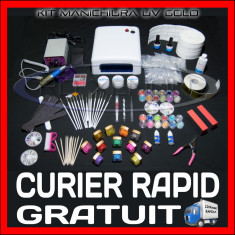 KIT SET UNGHII FALSE GEL UV MANICHIURA - VARIANTA GOLD - INCLUDE LAMPA 36W, PILA ELECTRICA PROFESIONALA, GELURI COLOR, PENSULE - PRET MINIM, CALITATE foto