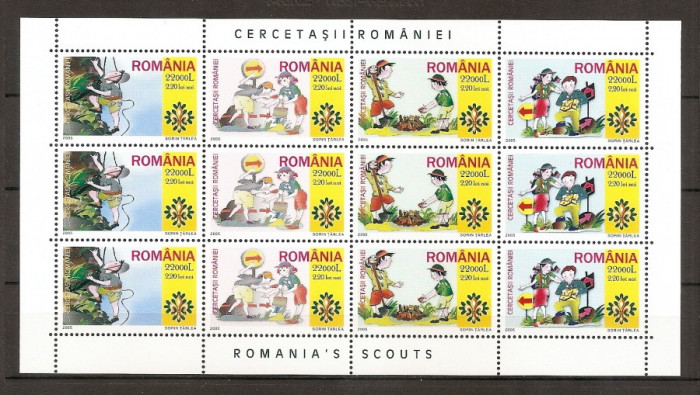 SD Romania 2005 LP1686a- Cercetasii Romaniei, 4 val. in coala de 12 (3 streifuri de 4), MNH