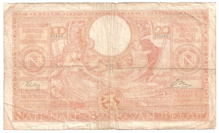 BELGIA 100 FRANCI Francs - 20 Belgas 1944 Uzata