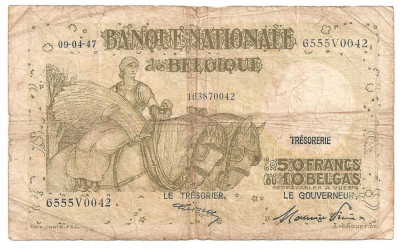 BELGIA 50 FRANCI Francs - 10 Belgas 1947 Uzata foto