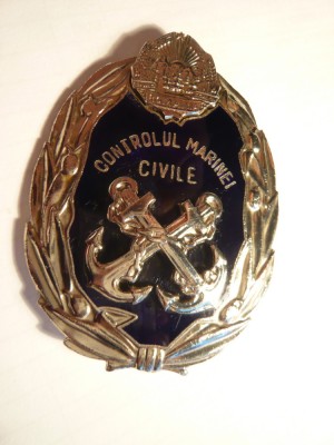 Insigna- Controlul Marinei Civile RSR - metal si email , h= 6,1 cm foto