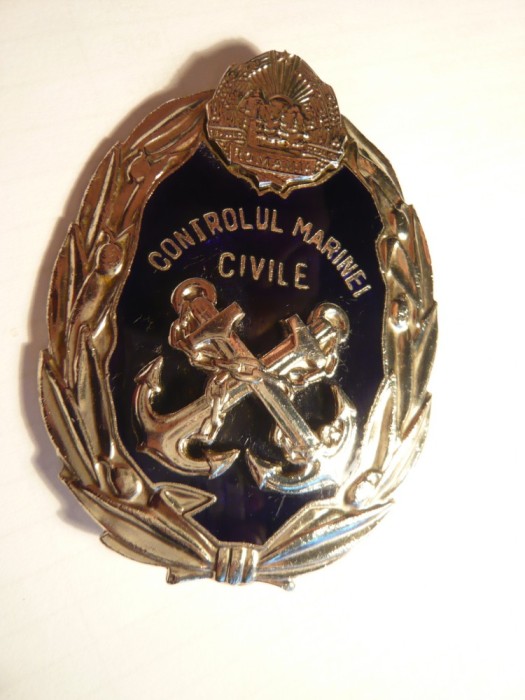 Insigna- Controlul Marinei Civile RSR - metal si email , h= 6,1 cm