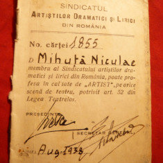 Legitimatie Sindicatul Artistilor Dramatici si Lirici din Romania ,incepand din 1938 -pt. Niculae Mihuta