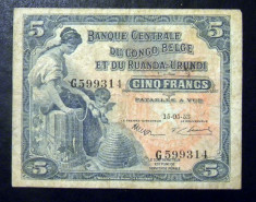 Congo Belgian 5 Francs 1953 P21 foto