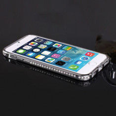 Bumper argintiu cu cristale din metal pentru iphone 6 + plus 5,5&amp;#039; si cablu date cu folie protectie ecran foto
