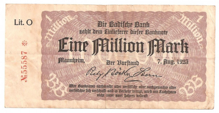 GERMANIA BADISCHE BANK 1000000 MARK MARCI 1923 F
