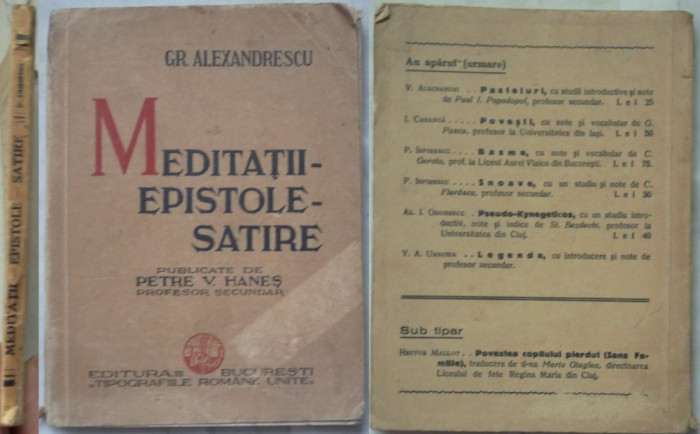 Gr. Alexandrescu , Meditatii - epistole - satire , editia Petre V. Hanes , 1934