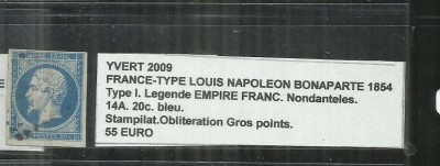 FRANCE - TYPE LOUIS NAPOLEON BONAPARTE1853 - 14A. 20c. foto