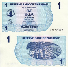 ZIMBABWE 1 dollar 2006 BEARER CHEQUE UNC!!! foto