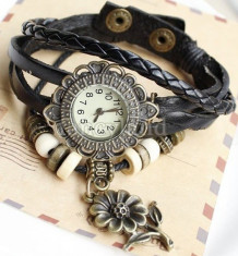 CEAS DAMA RETRO VINTAGE BLACK FLORAL COLLECTION-BRATARA PIELE IMPLETITA CU ACCESORII-SUPERB-COLECTIE NOUA-GARANTIE-POZE REALE-LIVRRE IMEDIATA !!!! foto