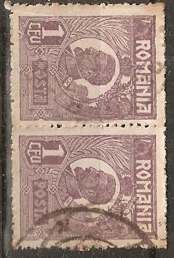 TIMBRE 104b4, ROMANIA, 1920, FERDINAND BUST MIC, 1 LEU, EROARE, INTRAND IN CADRU PE LATURA DE SUS - STANGA PLUS LATURA DE JOS - STANGA, PERECHE. foto