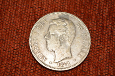 moneda argint 900 , anul 1871 , 5 pesetas .Amedeo I , REY DE ESPAGNA , foto