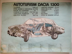 Afis vechi / plansa cu datele tehnice pentru autoturismul Dacia 1300, dimensiuni 84cm x 60cm foto