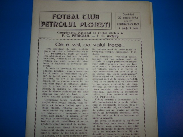 Program meci fotbal PETROLUL PLOIESTI - FC ARGES Pitesti 22.04.1973