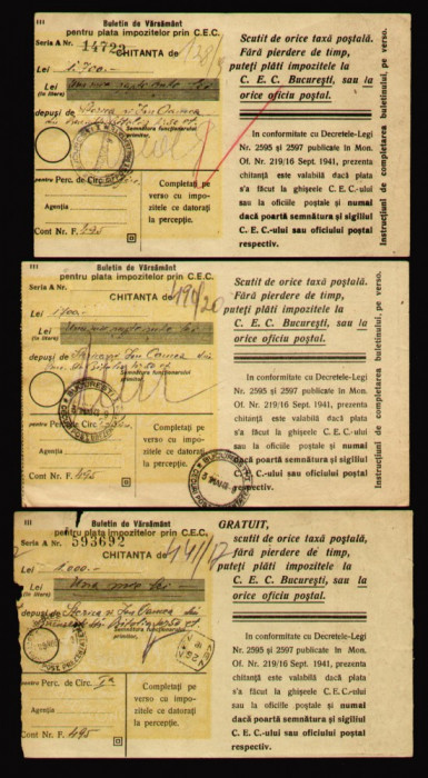 1948 Cecuri postale, 3 Buletine de varsamant cu stampila rara, CEC postal