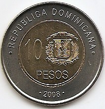 Republica Dominicana 10 Pesos 2008 Bimetalic, 26.93 mm, KM-106 UNC !!! foto