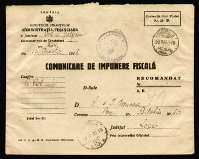 1948 Comunicare impunere fiscala, plic oficial Stema Regala, scutit taxa postala foto