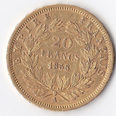 Moneda 20 franci aur 1858, 21K, Napoleon III foto