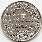 Elvetia 1/2 Franc 1943 Argint 2.5g/0.835 KM-23 foto