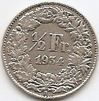 Elvetia 1/2 Franc 1934 Argint 2.5g/0.835 KM-23 foto