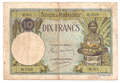 MADAGASCAR 10 FRANCS FRANCI ND (ca.1937) F foto