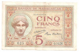 MADAGASCAR 5 FRANCS FRANCI ND (ca.1937) VF