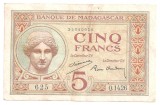 MADAGASCAR 5 FRANCS FRANCI ND (ca.1937) VF