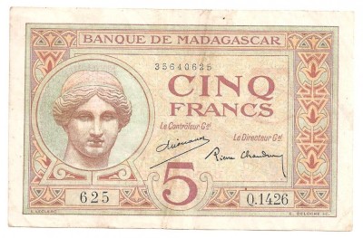 MADAGASCAR 5 FRANCS FRANCI ND (ca.1937) VF foto