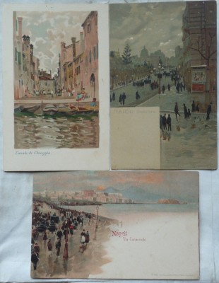 9 Cp cromolitografiate , din care 7 reprezentand orasul Napoli si 2 venetia , necirculate , litografii foto