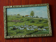 Tablou cu rama din lemn - Pictura semnata - peisaj - Cioban cu turma de oi !!! foto