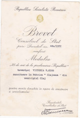 Brevet Medalia 25 de ani de la Proclamarea Republicii foto