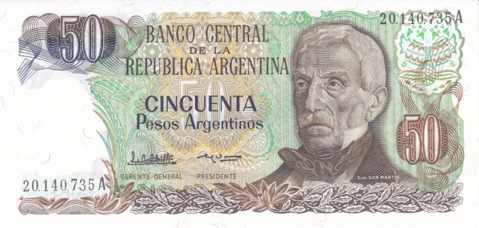 Bancnota Argentina 50 Pesos Argentinos (1984 - 85) - P314 UNC foto mare Bancnota Argentina 50 Pesos Argentinos (1984 - 85) - P314 UNC foto mare