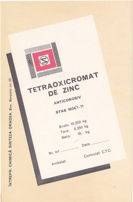 Eticheta Tetraoxicromat de Zinc