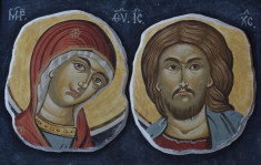 Icoana portret Isus Hristos si Maica Domnului cu rama din lemn - fragment fresca pictura Bizantina !!! foto
