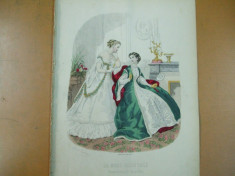 Moda costum rochie gravura color La mode illustree Paris 1867 foto