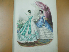 Moda costum rochie gravura color La mode illustree Paris 1867 foto