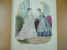 Moda costum rochie evantai gravura color La mode illustree Paris 1867 foto