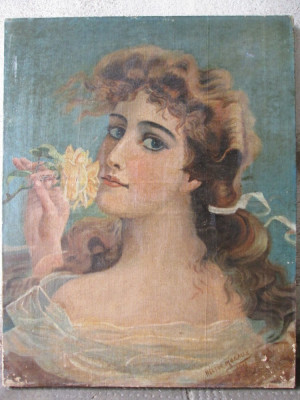 Portret de tanara cu trandafir galben, pictura veche , ulei pe panza foto