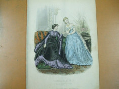 Moda costum rochie gravura color La mode illustree Paris 1867 foto