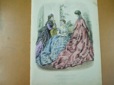 Moda costum rochie evantai gravura color La mode illustree Paris 1868 foto