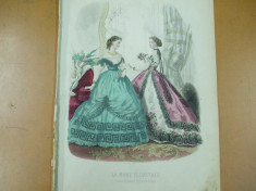 Moda costum rochie evantai flori gravura color La mode illustree Paris 1865 foto