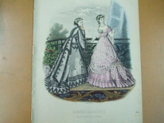 Moda costum rochie gravura color La mode illustree Paris 1867 foto