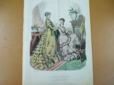 Moda costum rochie pictura sevalet gravura color La mode illustree Paris 1868 foto