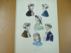 Moda costum rochie palarie gravura color La mode illustree Paris 1867 foto