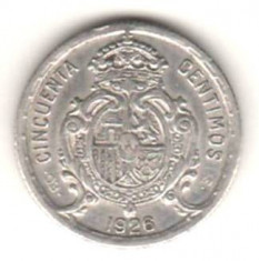 SV * 50 CENTIMOS 1926 Spania , Regele Alfonso XIII , 2.5 grame ARGINT .900 XF(+) foto