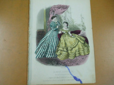 Moda costum rochie evantai gravura color La mode illustree Paris 1866 foto