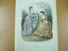 Moda costum rochie palarie evantai copil gravura color La mode illustree Paris 1869 foto