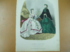 Moda costum rochie palarie evantai gravura color La mode illustree Paris 1868 foto